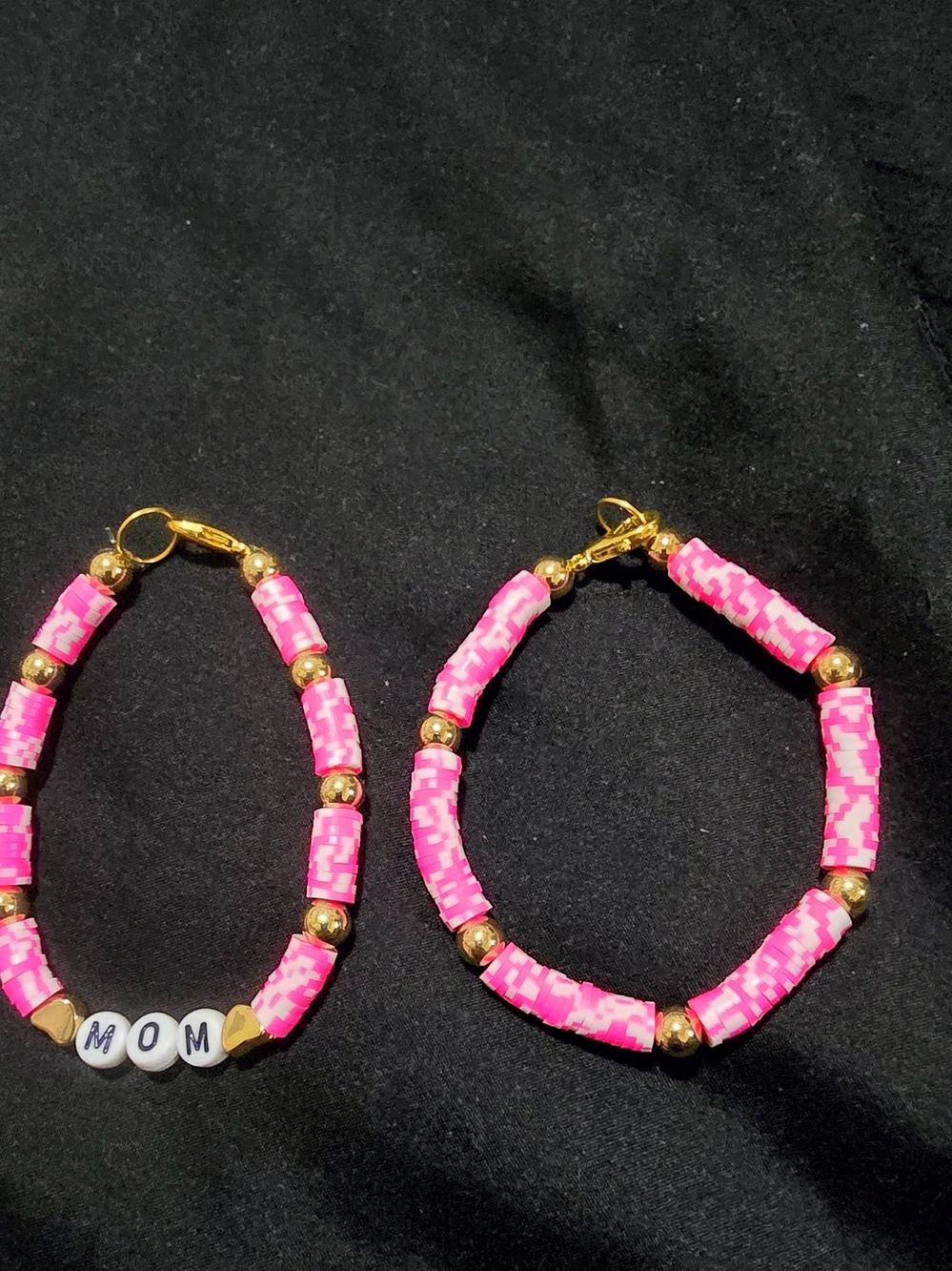 2 PC BUNDLE Handmade Pink 'MOM' Beaded Bracelet Set with Gold Accents